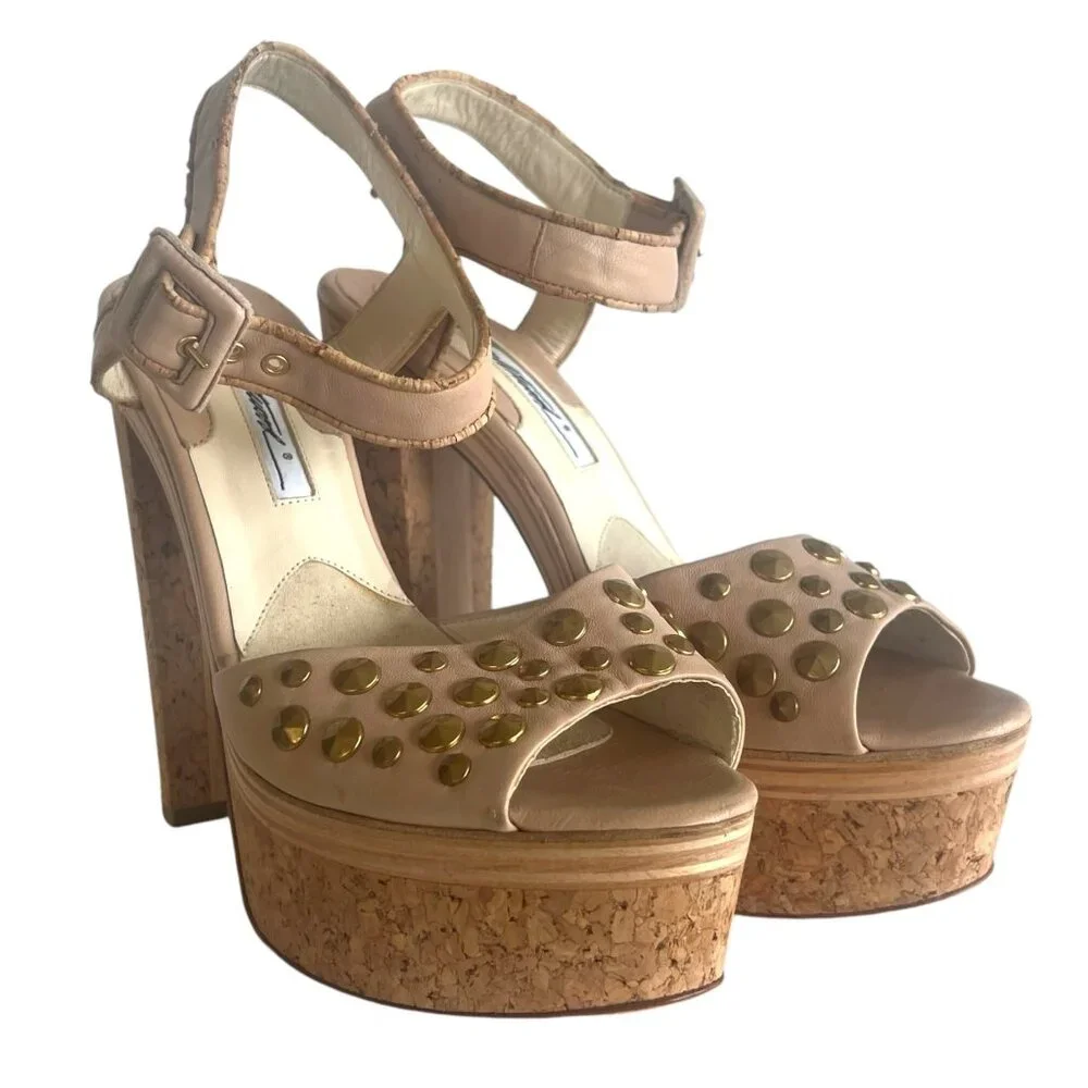 BRIAN ATWOOD Cork Platform Heeled Sandals 37 7 Chunky Heel Studded Beige Neutral